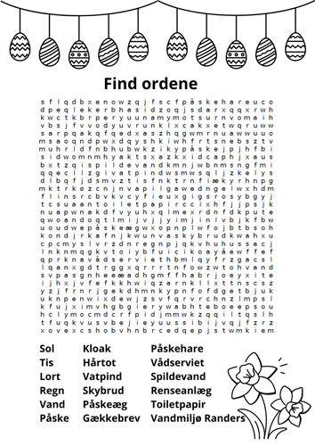 Opgave med en masse bogstaver, hvor man skal finde ord enten lodret eller vandret