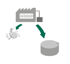 Illustration af hvordan anlægget hakker madaffaldsposer i stykker, og madgrøden sendes til renseanlæg.